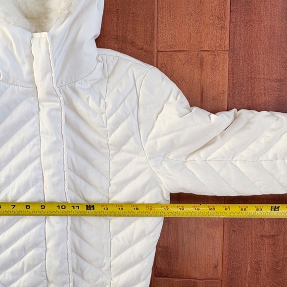 VTG BeBe Hooded Rabbit Fur Puffer Jacket w/ Corset lacing Details Womens S Ivory - Picture 9 of 16